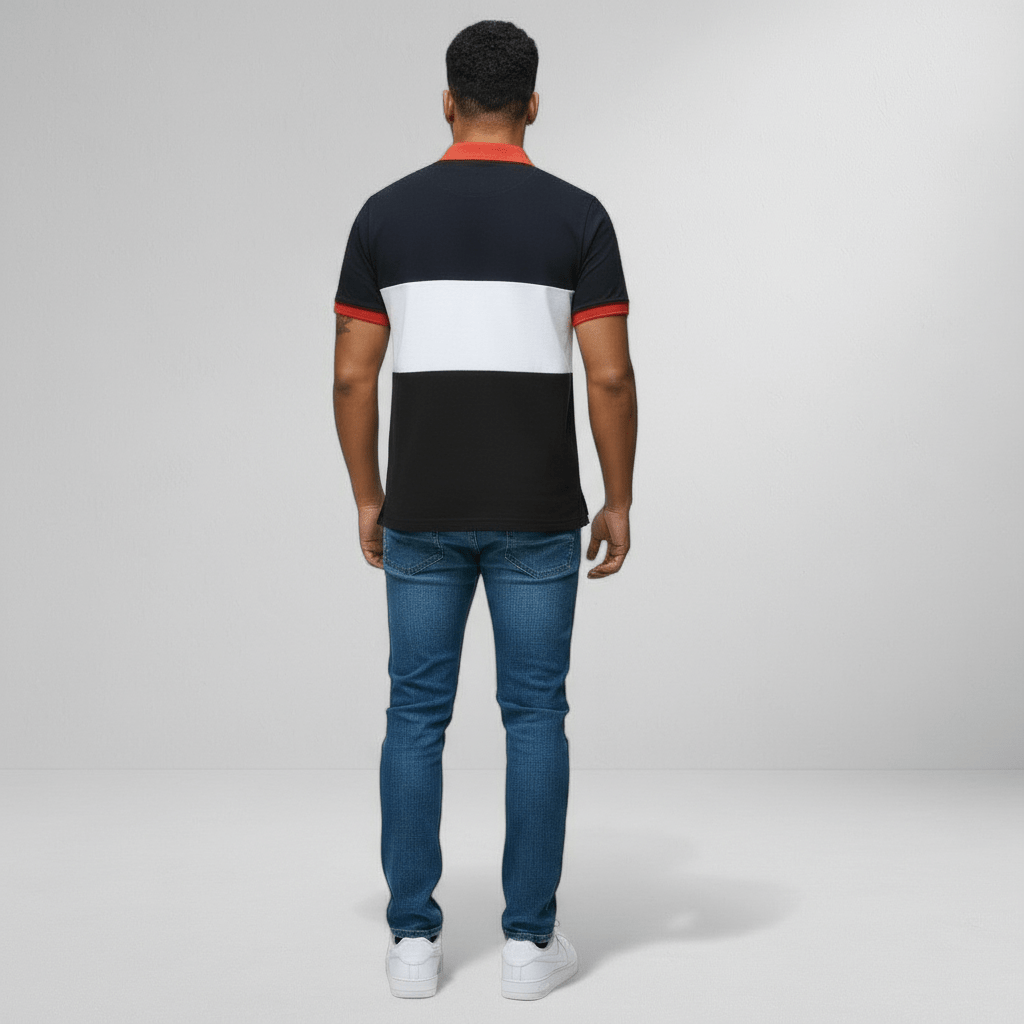 Marksmen Piqué Cotton Polo – Black / Red Collar - J.HINTON