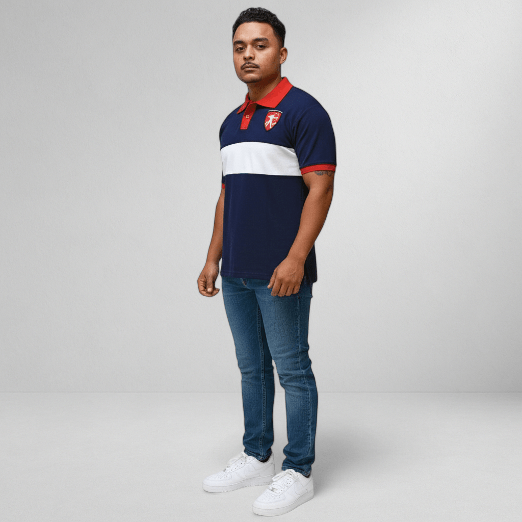 Marksmen Piqué Cotton Polo – Navy / Red Collar - J.HINTON