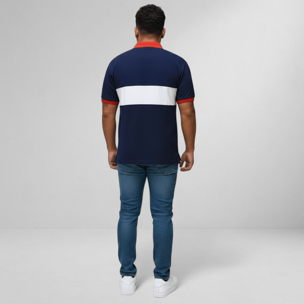 Marksmen Piqué Cotton Polo – Navy / Red Collar - J.HINTON