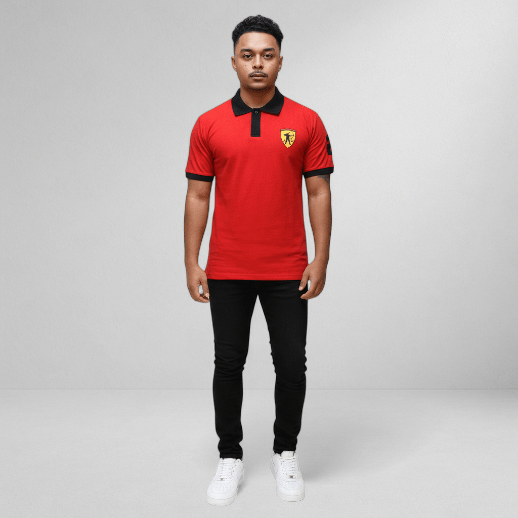 Marksmen Piqué Cotton Polo – Red / Black Collar - J.HINTON