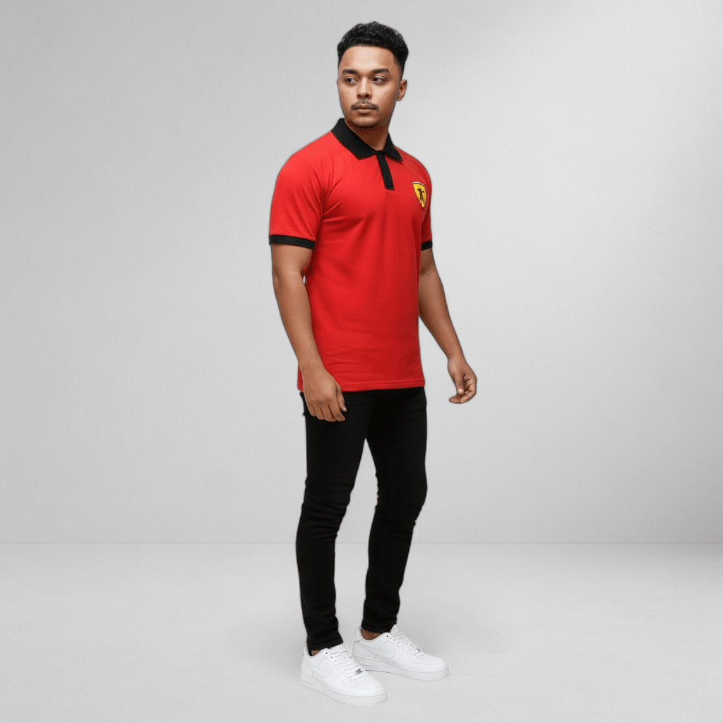 Marksmen Piqué Cotton Polo – Red / Black Collar - J.HINTON