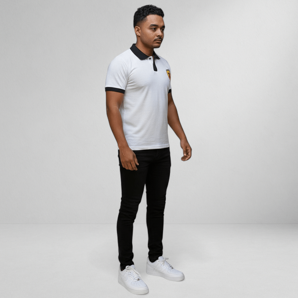 Marksmen Piqué Cotton Polo – White / Black Collar - J.HINTON