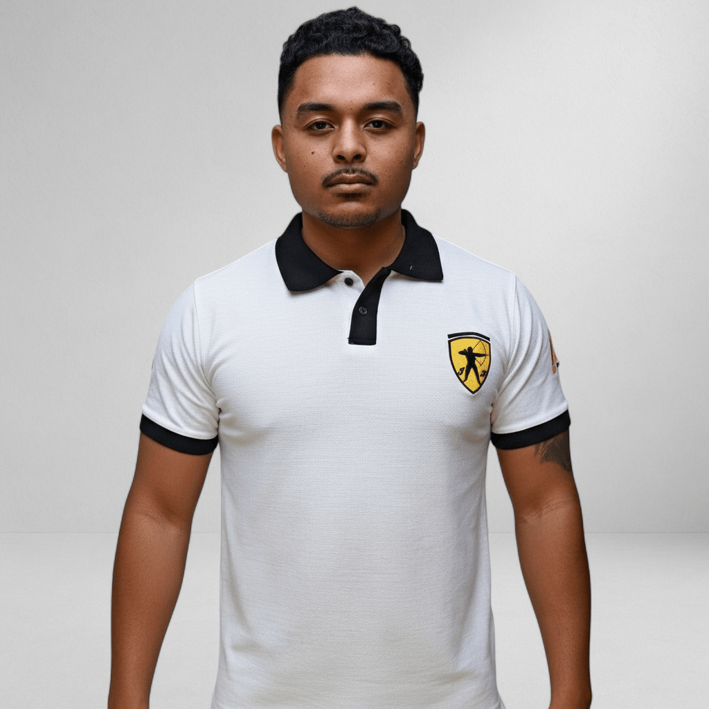 Marksmen Piqué Cotton Polo – White / Black Collar - J.HINTON
