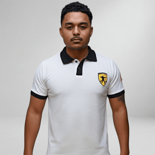 Marksmen Piqué Cotton Polo – White / Black Collar - J.HINTON