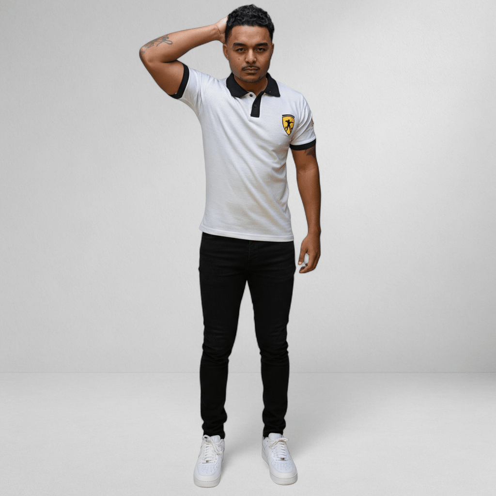 Marksmen Piqué Cotton Polo – White / Black Collar - J.HINTON