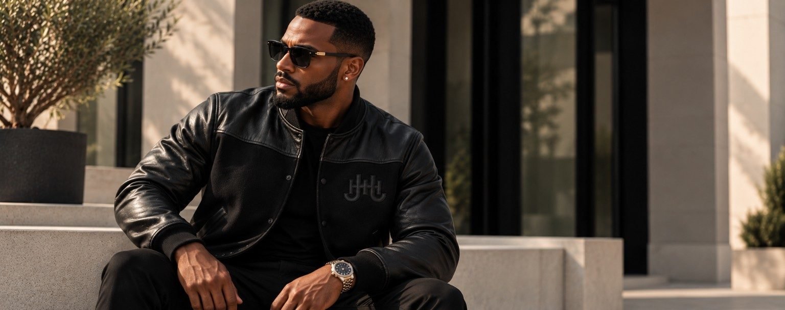 J.HINTON Heritage Varsity — black wool and leather varsity jacket