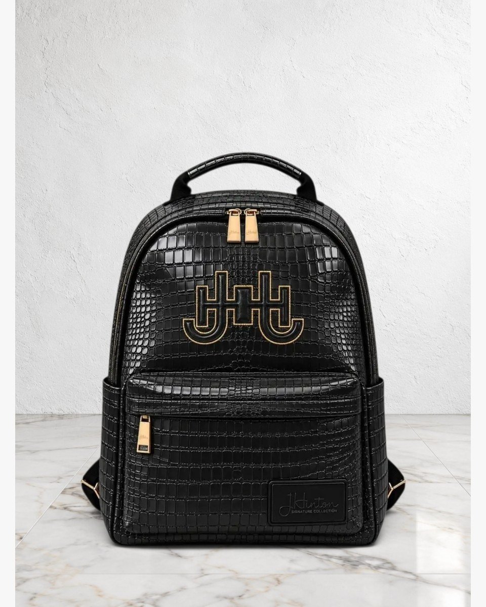 Hudsyn Crocodile-Embossed Backpack — Noir / Gold