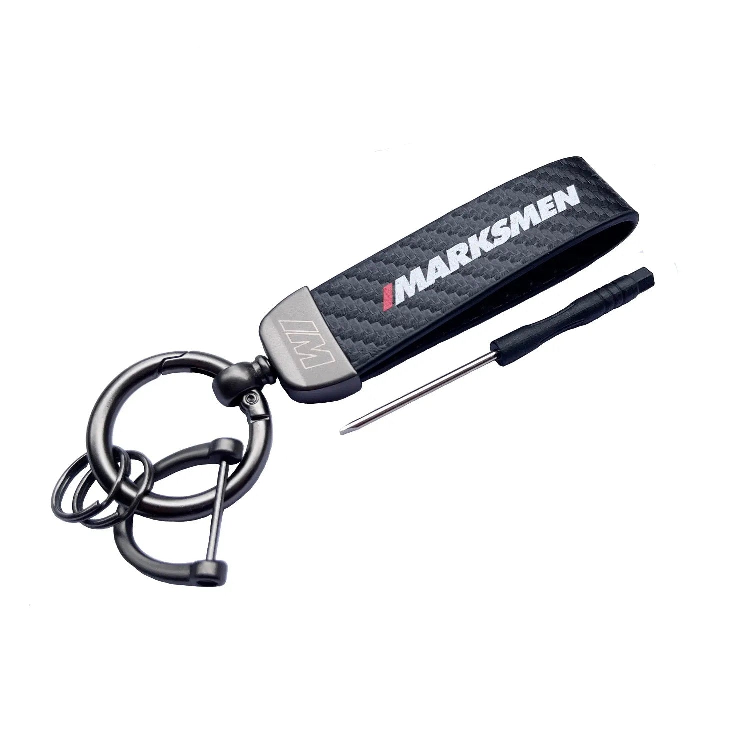 Marksmen Black Leather Carbon Fiber Car Keychain with Horseshoe Buckle