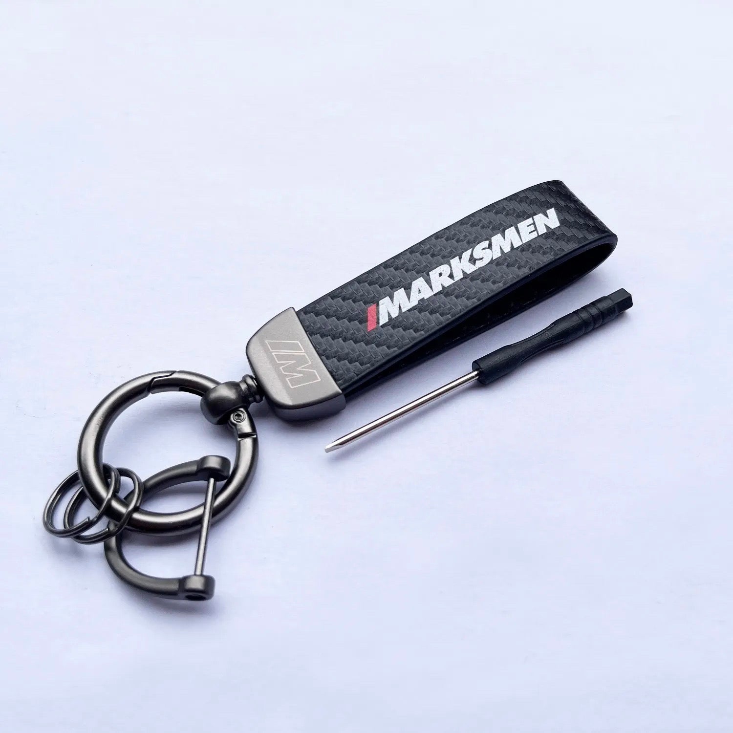 Marksmen Black Leather Carbon Fiber Car Keychain with Horseshoe Buckle