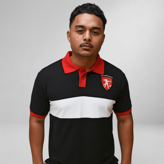 Marksmen Piqué Cotton Polo – Black / Red Collar - J.HINTON